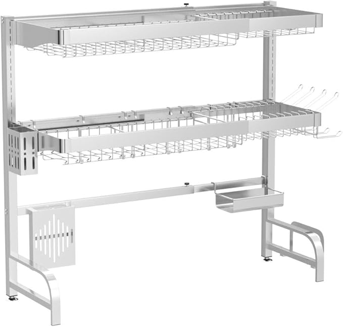 3 Tier Extra Large Stainless Steel Expandable Over The Sink Dish Drainer Drying Rack, Rust Proof Metal, Space Saving, Modern Silver Big Capacity Extendable Plate Strainers Above Kitchen Counter-Ruum Studio Home