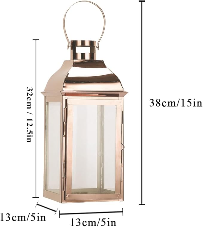 JHY DESIGN Decorative Candle Lanterns 15" High Stainless Steel Candle Lanterns with Tempered Glass for Indoor Outdoor Events Parities and Weddings Vintage Style Hanging Lamps(Rose Gold)-Ruum Studio Home