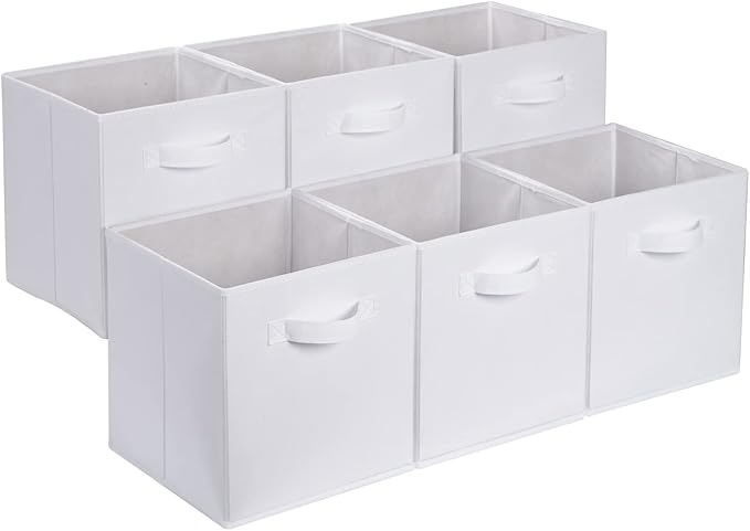 Amazon Basics Collapsible Fabric Storage Cubes Organizer with Handles, Sturdy, White, 10.5-x-10.5-x-11-inch, Pack of 6-Ruum Studio Home