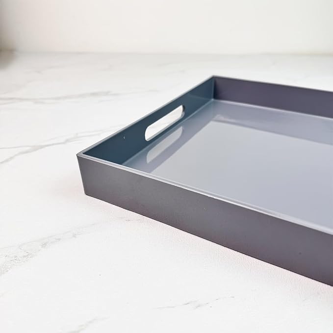 Grey Decorative Tray, Rectangular Large Serving Tray with Handles, Plastic Coffee Table Tray for Ottoman, Living Room, Kitchen Tabletop, 15.7” x 11.8” x1.6”-Ruum Studio Home
