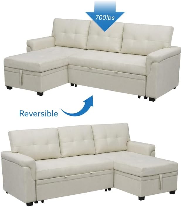 Naomi Home Transform Any Space: Sleeper Sectional Sofa with Convertible Sofa Bed & Inviting Chaise. Find Tranquil Comfort with Stress-Relieving Design & Durable Cushions - White/Air Leather-Ruum Studio Home