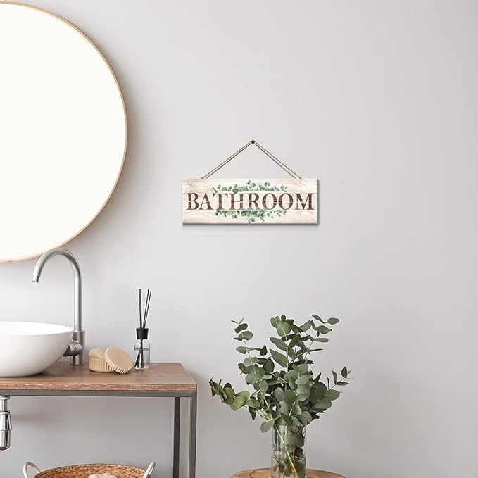 Bathroom Sign Wall Decor, Bathroom Wall Art with Plant Print, Rustic Farmhouse Wall Hanging Plaque Home Kitchen Decorative Bathroom, 4.7 x 13.7 inches-Ruum Studio Home