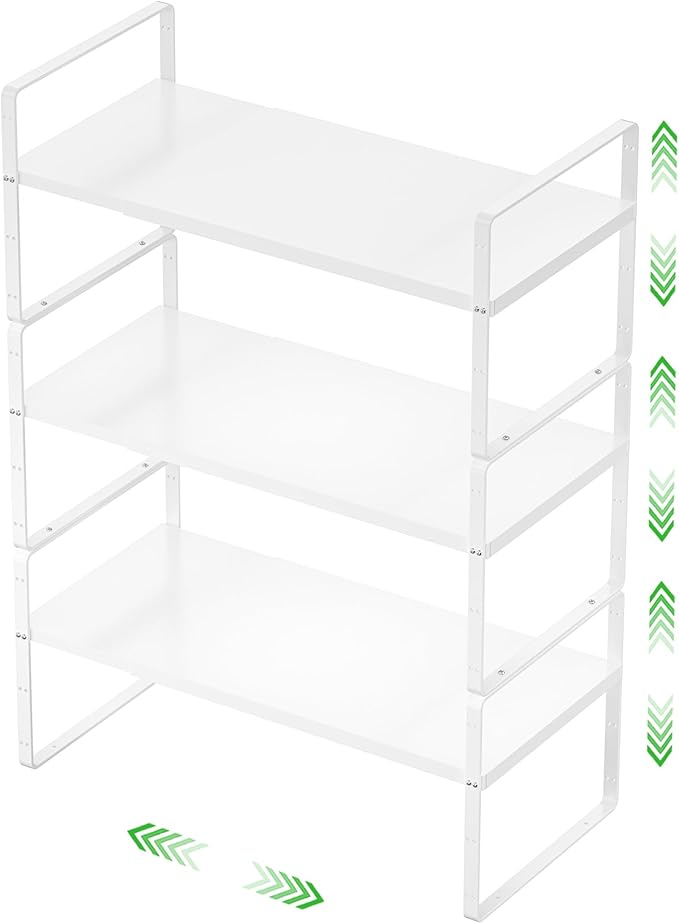 Expandable Cabinet Storage Shelf Stackable Organizer Rack for Kitchen Bathroom Pantry Spice Cupboard Countertop Home Office Desk Heavy Duty Nonslip White Small 3 Pack-Ruum Studio Home