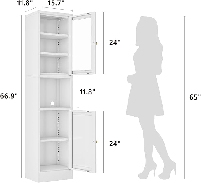 67" Tall Bathroom Storage Cabinet, Narrow Metal Floor Cabinet with Glass Door and Adjustable Shelves, Freestanding Metal Locker for Laundry, Kitchen, Dining Room-Ruum Studio Home