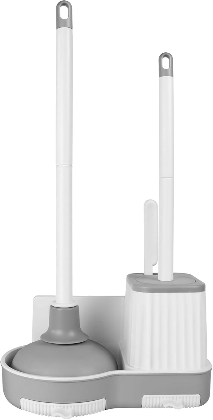 Toilet Brush and Plunger, 3 in 1 Toilet Bowl Brush and Holder with Crevice Cleaning Brush Wall Mounted Household Bathroom Cleaning Tools Combo Set(White-Gray)-Ruum Studio Home