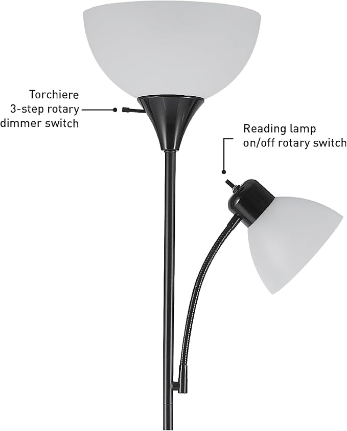 GLOBE Electric 67135 72" Torchiere Floor Lamp and Adjustable Reading Light, Matte Black, Frosted Shade, Dual Rotary Switch, 3-Step Dimming, Modern Lighting for Living Room or Office-Ruum Studio Home