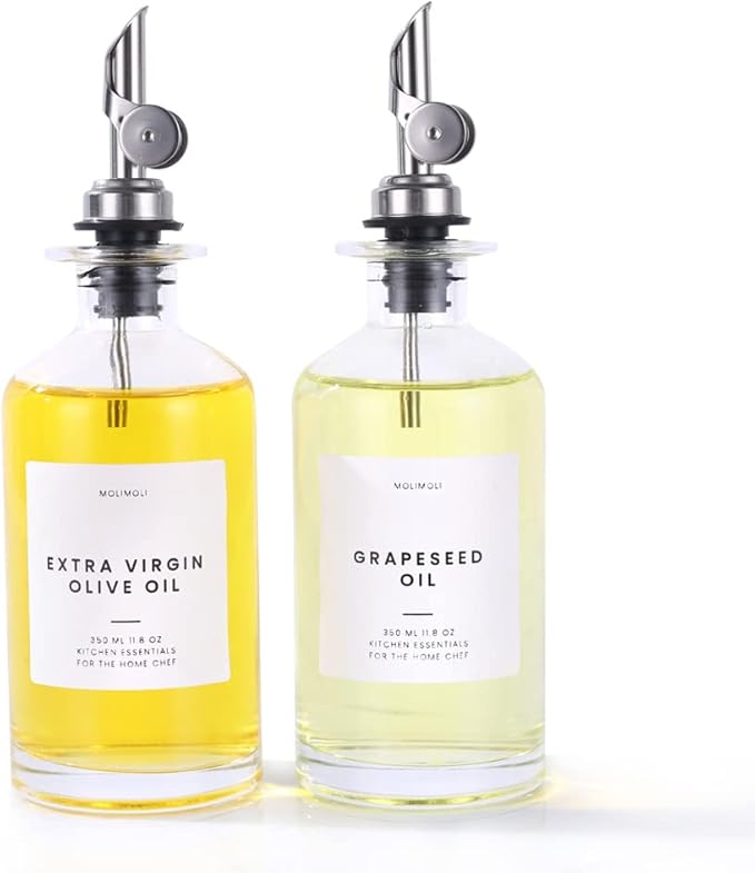 Molimoli Oil and Vinegar Dispenser with Metal Pour Spout, Weighted Pourer, Glass Bottle Dispenser for Kitchen, Olive Oil Cruet, Glass Olive Oil Bottle | 350ml, Set of 2-Ruum Studio Home