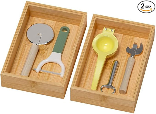 Bamboo Drawer Organizer, Cutlery Silverware Organizer for Kitchen Drawer, Stackable Utensil Organizer, 2 Pcs Flatware Organizer for Drawer, Wooden Storage Box Tray (Bamboo, 9 X 6 X 2 Inch)-Ruum Studio Home