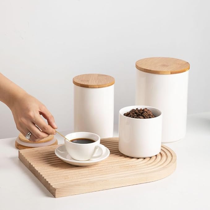 Sweejar Ceramic canisters for kitchen counter,Stackable Food Containers Set with Airtight Seal Bamboo Lid for Serving Ground Coffee, Tea, Spice, Flour and Sugar-Set of 3 (White)-Ruum Studio Home
