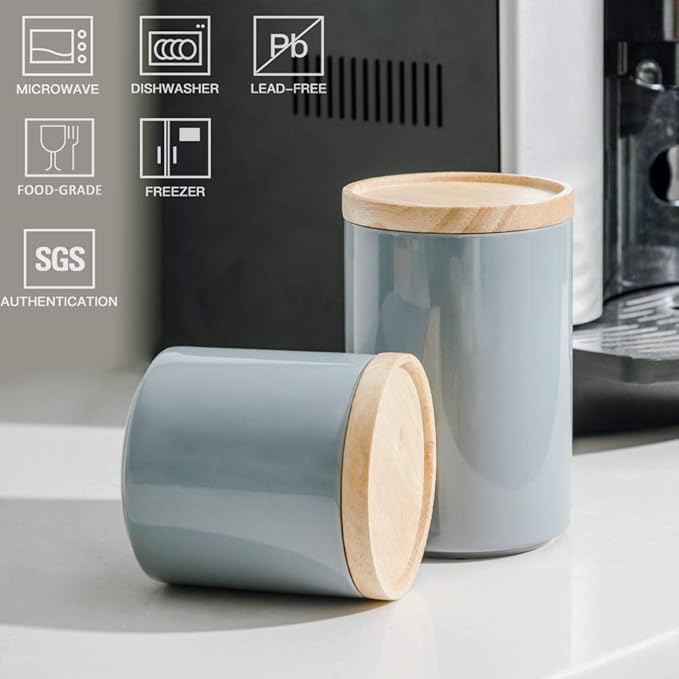 Sweejar Kitchen Canisters Ceramic Food Storage Jar, Stackable Containers with Airtight Seal Wooden Lid for Serving Ground Coffee, Tea, Sugar, Salt and More - 28 Fl Oz (Gray)-Ruum Studio Home