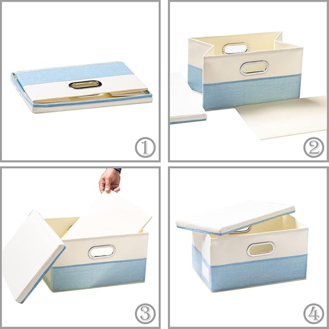 PRANDOM Large Foldable Storage Boxes with Lids [3-Pack] Fabric Collapsible Storage Bins Organizer Containers Baskets Cube with Cover for Home Bedroom Closet Office Nursery Blue&Cream(17.7x11.8x11.8)-Ruum Studio Home