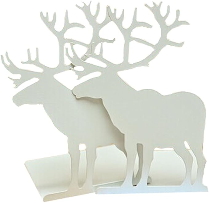 Winterworm Fashion Creative Cartoon Cute Iron Elk Moose Pattern Nonskid Metal Office Desk Bookends (White)-Ruum Studio Home