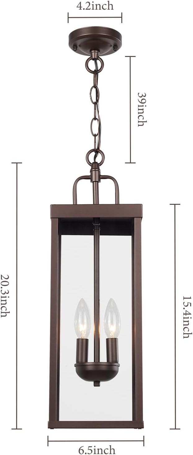 Large Outdoor Pendant Lantern Light Fixture for Front Porch, 20 Inch 2-Light Bronze Exterior Hanging Chandelier with Clear Glass, Outdoor Indoor Pendant Lamp for Patio, Gazebo, RZ008M-H ORB-Ruum Studio Home