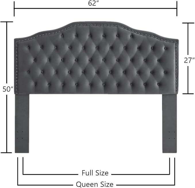 24KF Upholstered Button Tufted Queen/Full Size Headboard with Nailhead Trim, Soft Velvet Fabric - Dark Gray-Ruum Studio Home