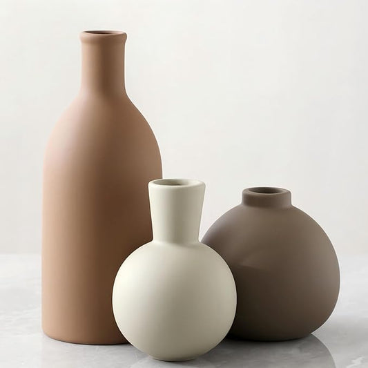 Vase Set of 3 | Ceramic Neutral Vases Home Decor | Rustic Flower Pottery Vases Modern Farmhouse Vase for Table Entryway Mantel Centerpiece Bookshelf Living Room Bathroom Bedroom -Brown Large-Ruum Studio Home