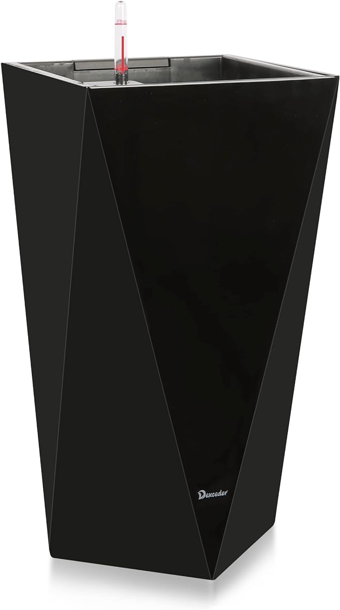 Dexceder 24 Inches Tall Self Watering Planter Diamond High Gloss Indoor Outdoor, Thickened Rhombus Large Floor Standing Flower Plant Pot with Water Level Indicator (Black)-Ruum Studio Home
