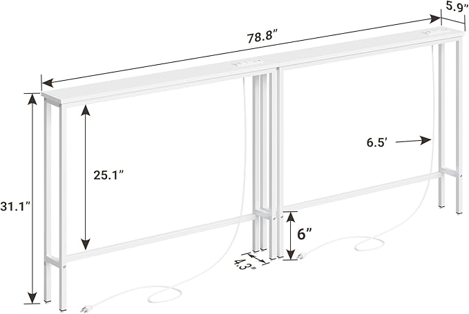 ELYKEN 2 Pack 5.9" Narrow Console Sofa Table with Power Outlets, 5.9" Dx39.4 Wx31.1 H Long Couch Table with Metal Frame and Charge Station with 6.5’ Extension Cord, White-Ruum Studio Home