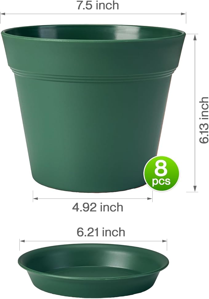 homenote Plant Pots,7.5 Inch Flower Pots for Plants Plastic Planters for Indoor with Multiple Drainage Holes and Trays, for All Home Garden Flowers Succulents,Outdoor(Green,8 Pack)-Ruum Studio Home