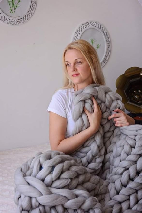 Chunky Knit Blanket Soft Handmade Knitting Throw for Bedroom Sofa Decor Super(Light Gray 60"x60")-Ruum Studio Home