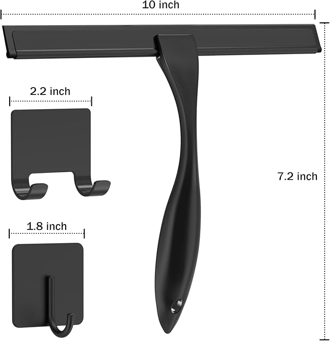 All-Purpose Stainless Steel Shower Squeegee for Shower Doors with 2 Adhesive Hooks, Bathroom Cleaner Tool Household Window Mirror Squeegee for Home Cleaning, Glass Door, Tile Wall, Car, 10 Inch Black-Ruum Studio Home