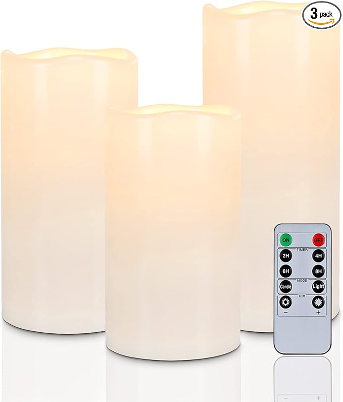 Homemory 6" 8" 10" x 4" Waterproof Outdoor Flameless Candles, Battery Operated Flickering LED Pillar Candles with Remote and Timers for Indoor, Plastic, Ivory White-Ruum Studio Home