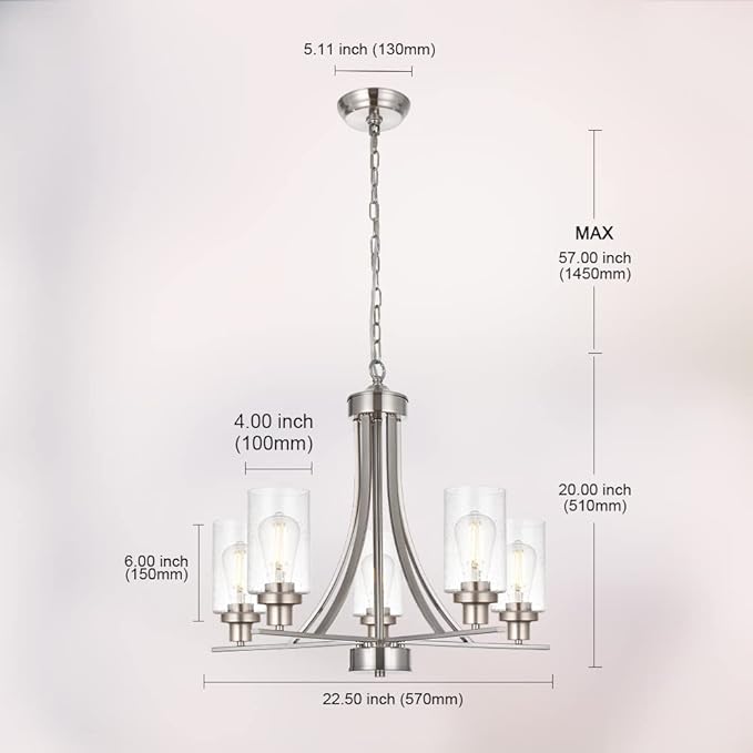 BONLICHT 5 Lights Traditional Chandelier Brushed Nickel Kitchen Island Dining Room Lighting Fixtures Hanging Seeded Glass Pendant Light Modern Flush Mount Ceiling Light for Living Room Bedroom Foyer-Ruum Studio Home