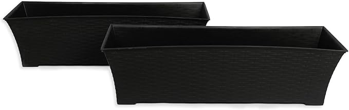 Elly Décor Set of 2 18x8 Rectangular Modern, Resistant and Self Watering Planter with Rattan-Like Finish, 18", Gray-Ruum Studio Home