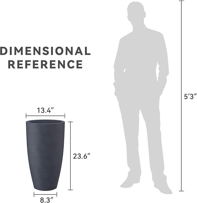 Kante 23.6" H Charcoal Concrete Tall Planters (Set of 2), Large Outdoor Indoor Decorative Plant Pots with Drainage Hole and Rubber Plug, Modern Style for Home and Garden-Ruum Studio Home