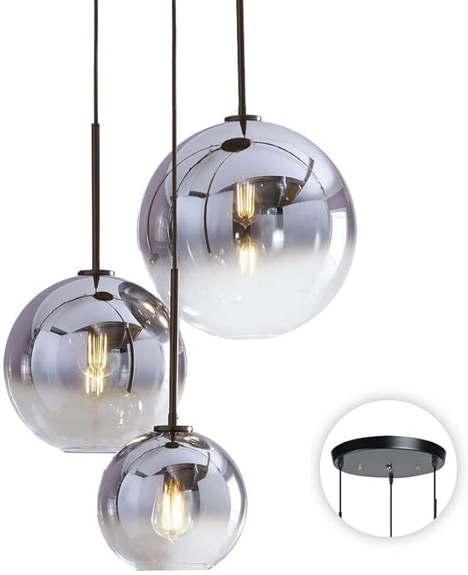 KCO Lighting Modern 3-Light Hanging Light Fixture Silver Gradient Glass Globe Pendant Ceiling Lighting with Adjustable Cord Mid Century Hanging Chandelier Light Fixture for Kitchen Island Bedroom…-Ruum Studio Home