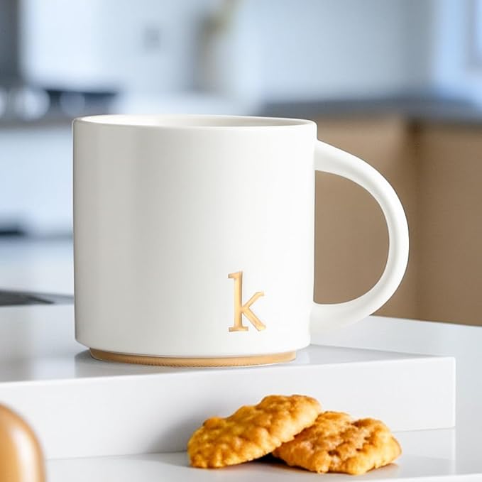 COLLECTIVE HOME - Monogram Ceramic Mugs, 15 oz Golden Initial Coffee Cups, Elegant Alphabet Tea Mugs, Elegant Personalized Mug with Gift Box, Luxurious Cups for Office and Home (k)-Ruum Studio Home