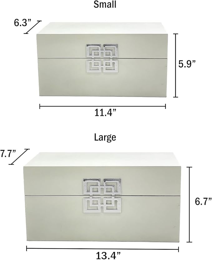 Galt International Storage Box Set Decorative Storage Box w/Hinged Lid Classic Design Wood Decor Boxes with Geometric Clasp Storage for Bedroom & Home - Set of 2 (White & Silver)-Ruum Studio Home