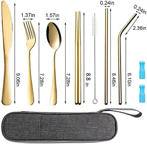 Travel Utensils Set with Case Reusable Portable Cutlery Set Stainless Steel 8pcs Including Dinner Knife Fork Spoon Chopsticks straws(Gold)-Ruum Studio Home