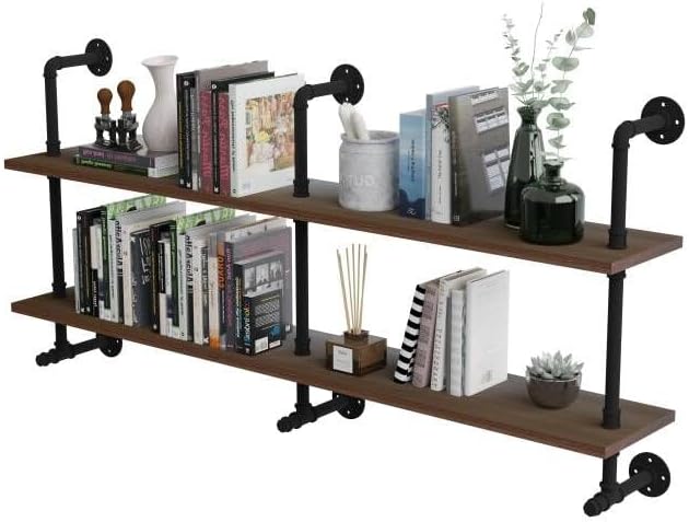 Industrial Pipe Wall Shelves Pipe Shelving with Real Wood Plank ,60 Inches Floating Shelves for Wall Farmhouse Pipe Book Shelves Dark Brown 2 Tier for Kitchen,Living Room Decor and Bar Shelving-Ruum Studio Home