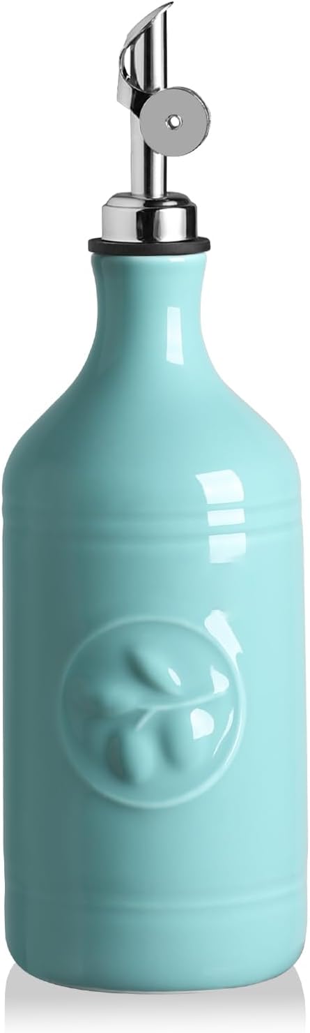 Sweejar 16 Oz Ceramic Olive Oil Dispenser Bottle, Oil Dispenser for Kitchen with Gravity Spout, Relief Opaque Oil Container for Evoo, Avocado Oil, Vinegar, Soy Sauce, 1 Pack(Turquoise, Silver Spout)-Ruum Studio Home