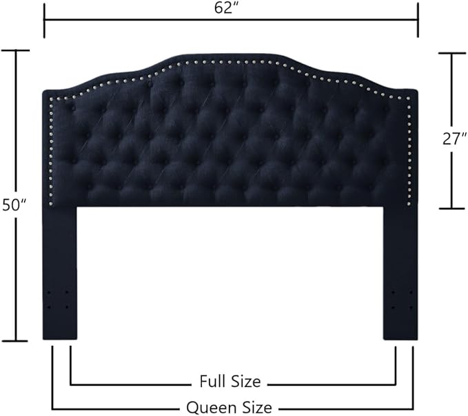 24KF Upholstered Button Tufted Queen Headboard with Nailhead Trim, Elegant Boucle Fabric Full headboard, 6031-Q-Boucle-Navy-Ruum Studio Home