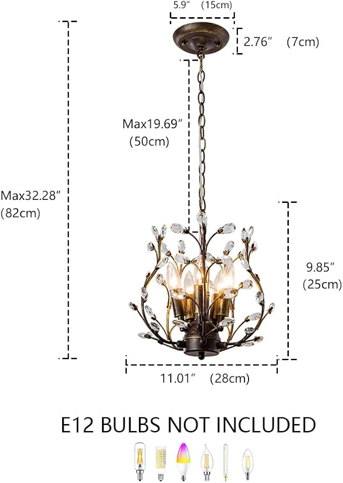 5-Light Vintage Crystal Branch Chandelier Farmhouse Hanging Pendant Light Fixtures for Living Room Dining Room Foyer Kitchen Island Hallway, Aged Bronze-Ruum Studio Home
