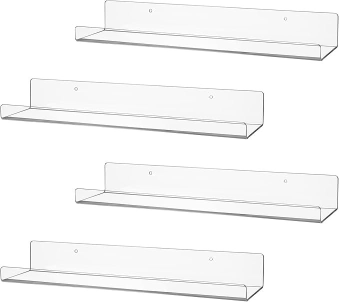 4 Pack Clear Acrylic Floating Shelves for Wall, 15'' Plastic Wall Mounted Display Shelf Kids Bookshelf and Spice Organizer for Bedroom, Living Room, Kitchen, Bathroom, Office-Ruum Studio Home