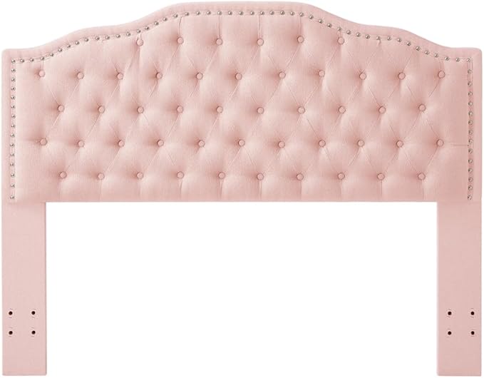 24KF Upholstered Button Tufted Queen Headboard with Nailhead Trim, Elegant Boucle Fabric Full headboard, 6031-Q-Boucle-Pink-Ruum Studio Home
