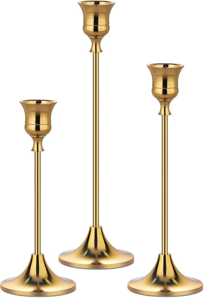 Metal Candle Holders for Candlesticks Taper Candlestick Holders Set Vintage Decorative Centerpiece Candelabra Tall Candle Stands for Halloween Thanksgiving Christmas (Gold, 1 Set (3 pcs))-Ruum Studio Home