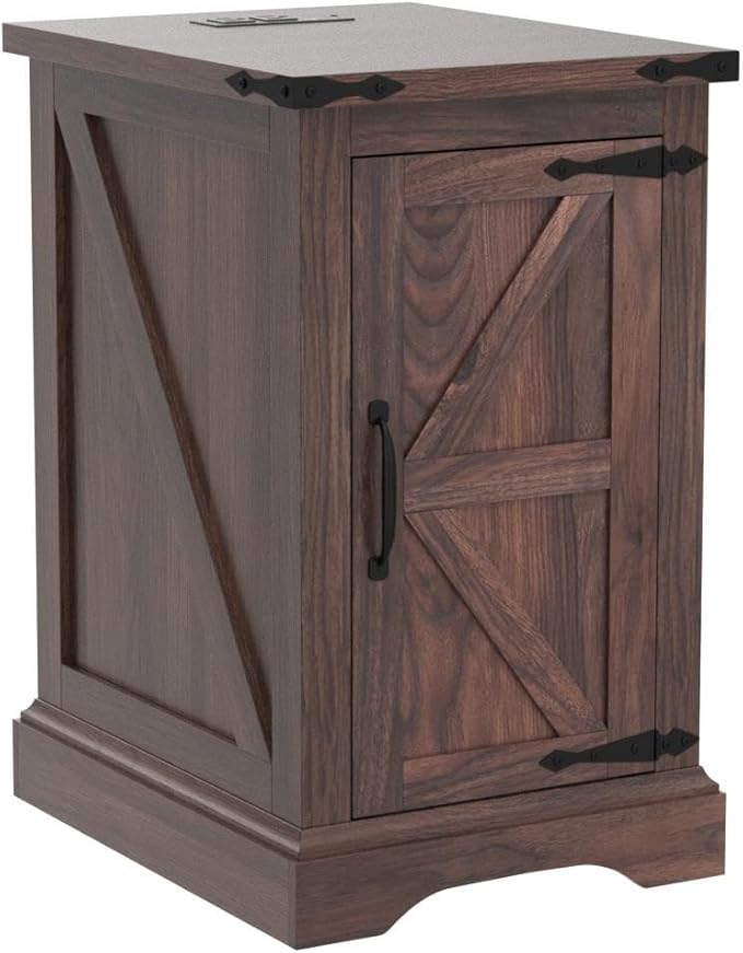 JXQTLINGMU Nightstand with Charging Station, Rectangular Farmhouse End Table with Barn Door and Adjustable Storage Shelf, 17" Deep Wood Rustic Sofa Side Table for Living Room, Bedroom, Brown-Ruum Studio Home