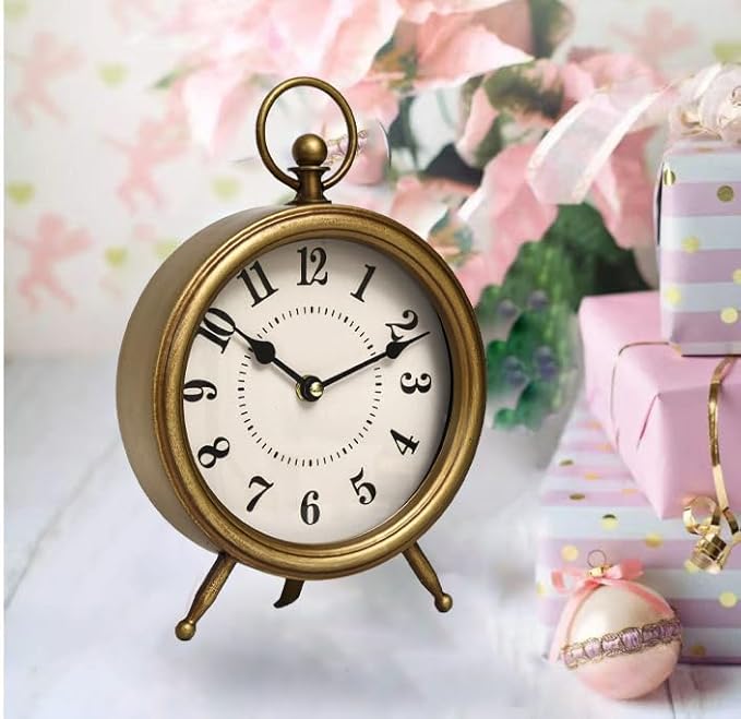Vintage Table Clock on Stand, Decorative Desk and Shelf Clock Rustic Mantel Clock Non-Ticking, Metal Frame with Antique Gold Finish