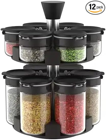 360 rotating 2 tier jars spice rack (6 small 6 large spice jars) Revolving Seasoning Organizer. Spinning Spice Rack for Counter top and Cabinet WITH Custom Label Stickers.-Ruum Studio Home