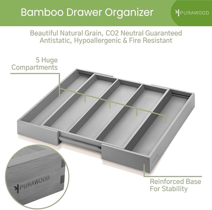 Purawood Kitchen Drawer Organizer - Expandable Utensil Drawer Organizer for Kitchen, Cutlery Tray & Silverware Organizer, 3-5 Slots - Bamboo Organizer for Utensils & Flatware (Grey)-Ruum Studio Home