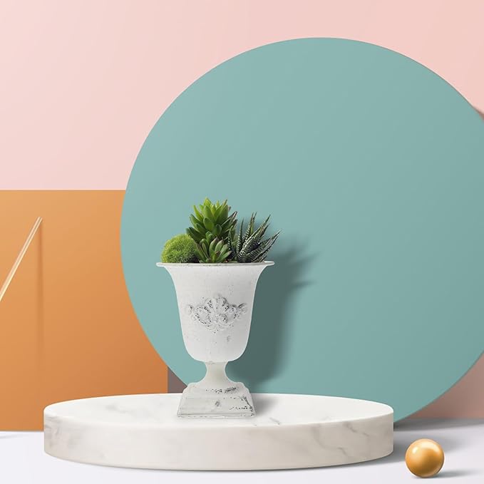 POPETPOP Tall Urn Vase Retro White Metal Urn Planter Pedestal Flower Pot Rustic Farmhouse Flower Holder for French Country Style Home Table Centerpiece Decor，5.9x5.9x7.47 inches-Ruum Studio Home