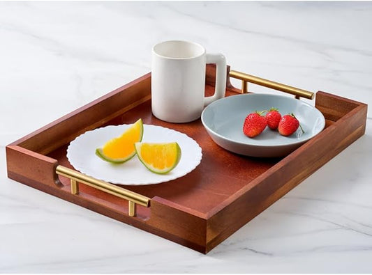 Premium Acacia Wood Ottoman Tray, 17x13 inches Large Serving Tray, Decorative Coffee Table Tray with Metal Handles, Ideal for Breakfast in Bed, Appetizers, Kitchen & Living Room Decor-Ruum Studio Home