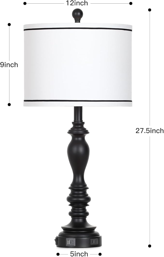 27.5" Farmhouse Table Lamp for Living Room, Black Lamps Set of 2 with USB A+C Ports, Mid Century Tall Table Lamp for Bedroom, Bedside Lamps for Night Stands(2 Bulbs Included)-Ruum Studio Home