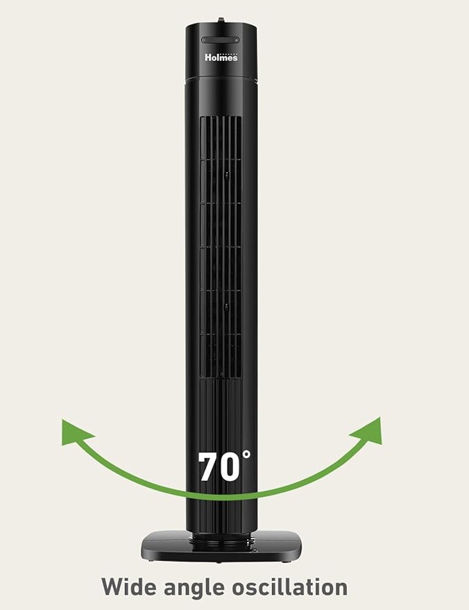 Holmes 31" Manual Tower Fan, 70° Oscillation, 3 Speeds, 2-Hour Auto Shut-Off Timer, Adjustable Vents, Compact and Slim Profile, Carry Handle, Ideal for Cooling your Home, Bedroom or Office, Black-Ruum Studio Home