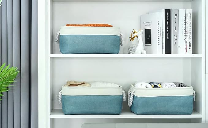 TheWarmHome Fabric Storage Bin with Handles,Storage Basket for Home Storage and Organization, Shelf Basket with Cover for Living Room Bedroom Closet（White & Green Medium 13.8L×9.8W×6.7H-Ruum Studio Home