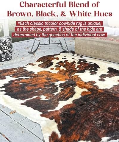 Tricolor Cowhide Rug Classic Brown, Black and White Color Mix, Natural Leather Hide, Area Rug (6x8ft)-Ruum Studio Home