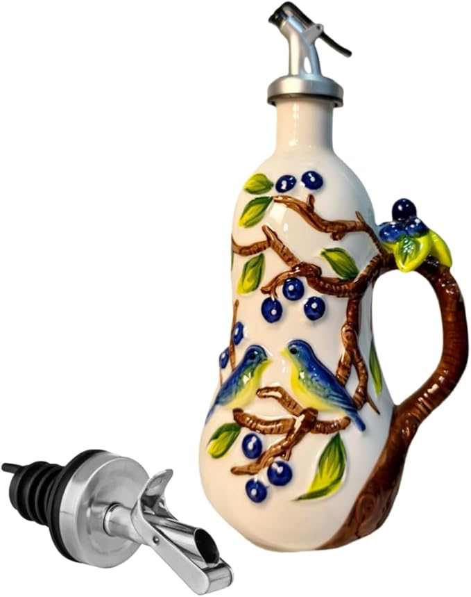 18.26oz/540ml Ceramics Olive Oil Dispenser Bottle,Hand Painted Reliefs Oil Dispenser for Kitchen,Oil Bottles for Kitchen (Blueberry)-Ruum Studio Home
